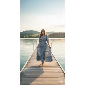 Max Studio Blue Floral Tiered Midi Dress  Boho Cottagecore Smocked Puff Sleeve S